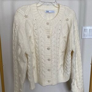 Zara Knit Pearl Cardigan in Cream/Ecru